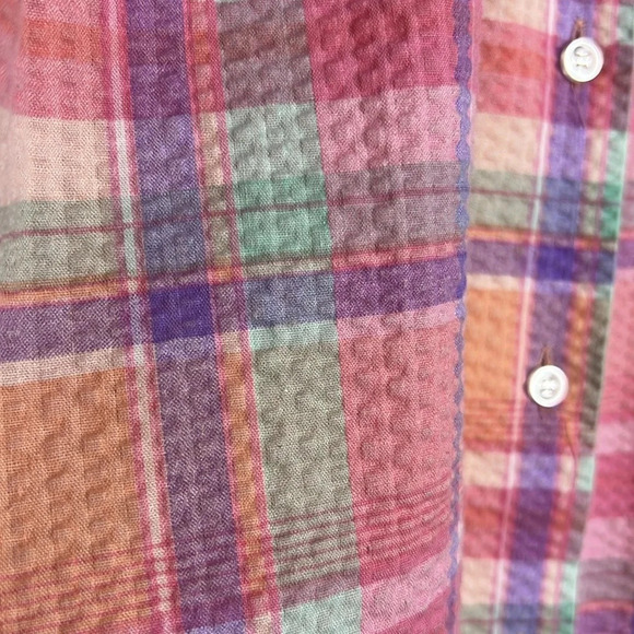 1970s Beeline Fashions Seersucker Plaid Cinched Sleeve Collard Button Uo Blouse - Picture 5 of 9